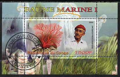 Congo 2009 Jacques Cousteau & Marine Fauna #1 perf m/sheet fine cto used, stamps on personalities, stamps on marine life, stamps on coral, stamps on scuba
