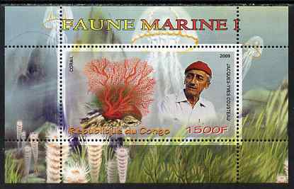 Congo 2009 Jacques Cousteau & Marine Fauna #1 perf m/sheet unmounted mint, stamps on personalities, stamps on marine life, stamps on coral, stamps on scuba