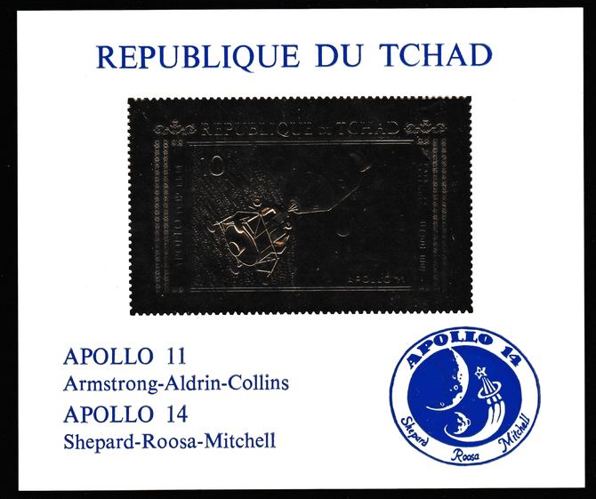 Chad Apollo 11, 12, 13 & 14 deluxe sheet design in gold foil on glossy card, stamps on space, stamps on apollo