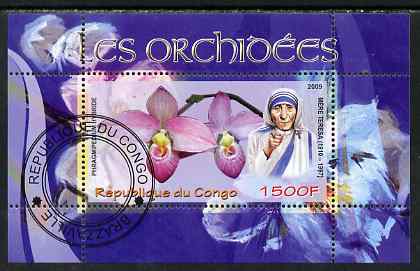 Congo 2009 Mother Teresa & Orchids perf m/sheet fine cto used, stamps on , stamps on  stamps on personalities, stamps on  stamps on flowers, stamps on  stamps on orchids, stamps on  stamps on human rights, stamps on  stamps on peace, stamps on  stamps on nobel, stamps on  stamps on teresa