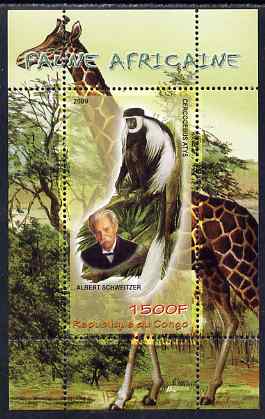 Congo 2009 Albert Schweitzer & African Fauna perf m/sheet unmounted mint, stamps on personalities, stamps on peace, stamps on nobel, stamps on music, stamps on religion, stamps on animals, stamps on giraffes, stamps on apes
