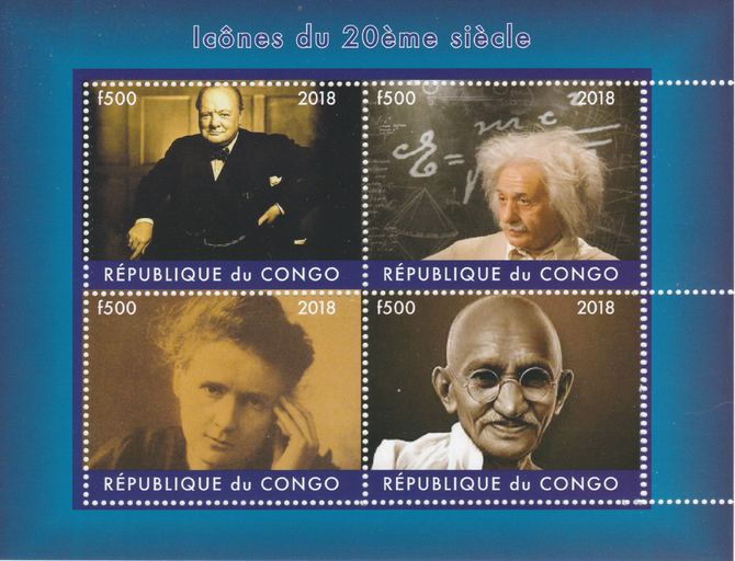 Congo 2018 Icons of the 20th Century #1 (Churchill,Einstein,Marie Curie & Gandhi) perf sheetlet containing 4 values unmounted mint. Note this item is privately produced and is offered purely on its thematic appeal., stamps on personalities, stamps on churchill, stamps on einstein, stamps on physics, stamps on judaica, stamps on science, stamps on marie curie, stamps on gandhi