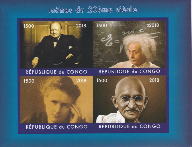 Congo 2018 Icons of the 20th Century #1 (Churchill,Einstein,Marie Curie & Gandhi) imperf sheetlet containing 4 values unmounted mint. Note this item is privately produced..., stamps on personalities, stamps on churchill, stamps on einstein, stamps on physics, stamps on judaica, stamps on science, stamps on marie curie, stamps on gandhi