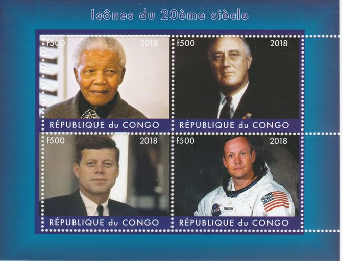 Congo 2018 Icons of the 20th Century #2 (Mandela, Roosevely, Kennedy & Neil Armstrong) perf sheetlet containing 4 values unmounted mint. Note this item is privately produced and is offered purely on its thematic appeal., stamps on personalities, stamps on mandela, stamps on roosevely, stamps on usa presidents, stamps on kennedy, stamps on americana, stamps on armstrong, stamps on space