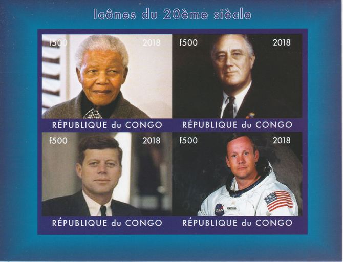 Congo 2018 Icons of the 20th Century #2 (Mandela, Roosevely, Kennedy & Neil Armstrong) imperf sheetlet containing 4 values unmounted mint. Note this item is privately produced and is offered purely on its thematic appeal., stamps on personalities, stamps on mandela, stamps on roosevely, stamps on usa presidents, stamps on kennedy, stamps on americana, stamps on armstrong, stamps on space