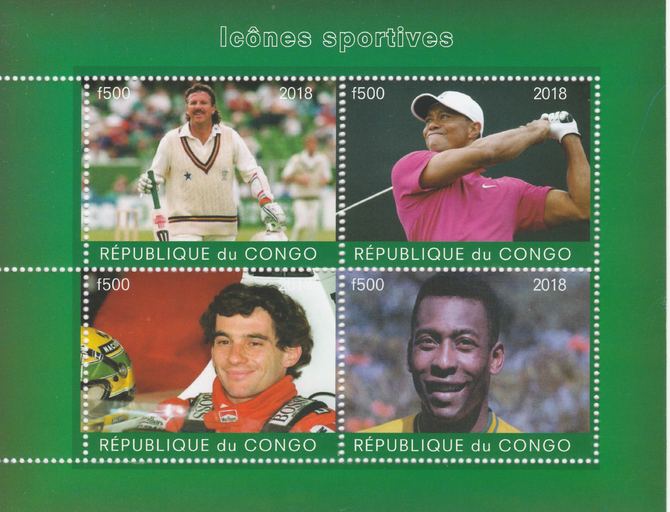 Congo 2018 Icons of Sport #1 (Botham,Tiger Woods, Senna & Pele) perf sheetlet containing 4 values unmounted mint. Note this item is privately produced and is offered purely on its thematic appeal., stamps on personalities, stamps on sport, stamps on cricket, stamps on golf, stamps on  f1 , stamps on formua 1, stamps on football