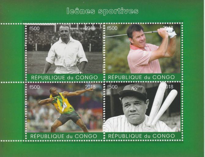 Congo 2018 Icons of Sport #2 (Bradman, Faldo, U Bolt & Babe Ruth) perf sheetlet containing 4 values unmounted mint. Note this item is privately produced and is offered pu..., stamps on personalities, stamps on sport, stamps on cricket, stamps on golf, stamps on athletics, stamps on baseball