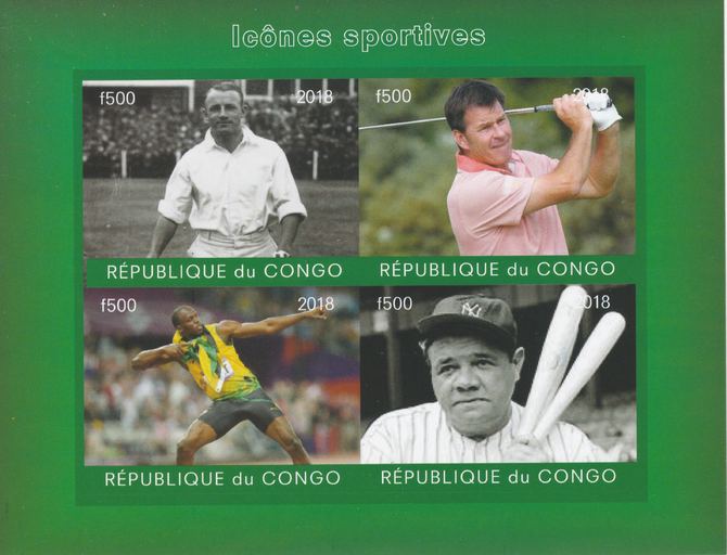 Congo 2018 Icons of Sport #2 (Bradman, Faldo, U Bolt & Babe Ruth) imperf sheetlet containing 4 values unmounted mint. Note this item is privately produced and is offered purely on its thematic appeal., stamps on personalities, stamps on sport, stamps on cricket, stamps on golf, stamps on athletics, stamps on baseball