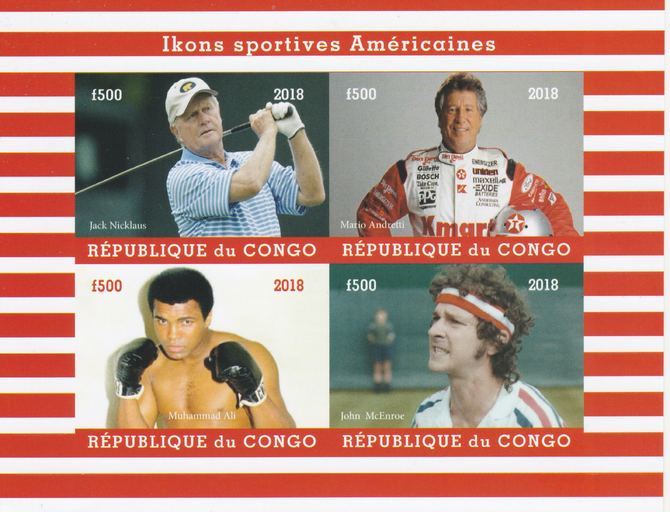 Congo 2018 Icons of American Sport #1 (Nicklaus,Andretti, M Ali & McEnroe) imperf sheetlet containing 4 values unmounted mint. Note this item is privately produced and is offered purely on its thematic appeal., stamps on personalities, stamps on sport, stamps on golf, stamps on  f1 , stamps on  formula 1, stamps on boxing, stamps on tennis