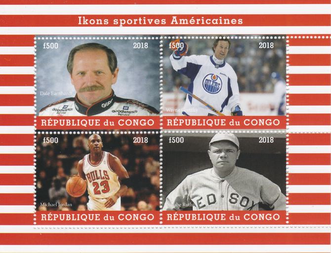 Congo 2018 Icons of American Sport #2 (NDale Earnhardt, Wayne Gretzky, M Jordan & Babe Ruth) perf sheetlet containing 4 values unmounted mint. Note this item is privately..., stamps on personalities, stamps on sport, stamps on nascar, stamps on ice hockey, stamps on basketball, stamps on baseball