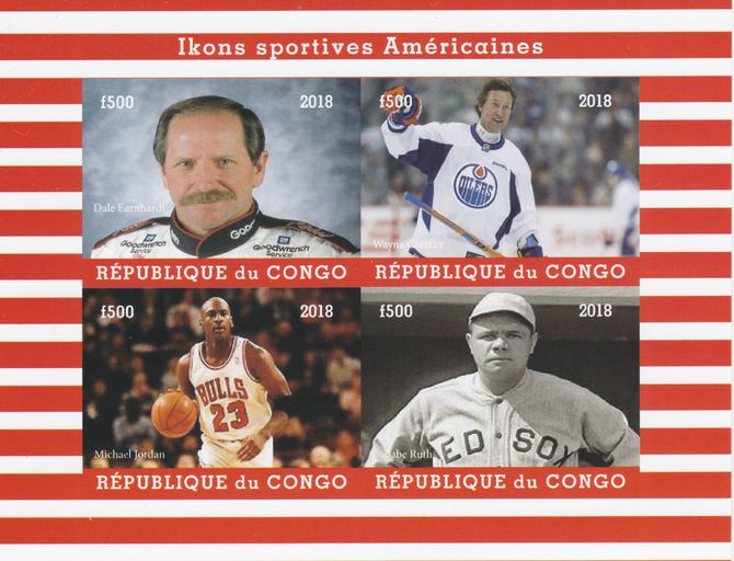 Congo 2018 Icons of American Sport #2 (NDale Earnhardt, Wayne Gretzky, M Jordan & Babe Ruth) imperf sheetlet containing 4 values unmounted mint. Note this item is privately produced and is offered purely on its thematic appeal., stamps on , stamps on  stamps on personalities, stamps on  stamps on sport, stamps on  stamps on nascar, stamps on  stamps on ice hockey, stamps on  stamps on basketball, stamps on  stamps on baseball