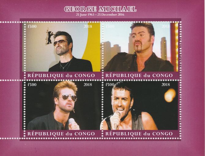 Congo 2018 George Michael #1 perf sheetlet containing 4 values unmounted mint. Note this item is privately produced and is offered purely on its thematic appeal., stamps on personalities, stamps on music, stamps on george michael, stamps on rock, stamps on pops, stamps on rock