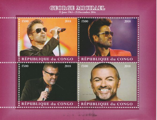 Congo 2018 George Michael #2 perf sheetlet containing 4 values unmounted mint. Note this item is privately produced and is offered purely on its thematic appeal., stamps on personalities, stamps on music, stamps on george michael, stamps on rock, stamps on pops, stamps on rock
