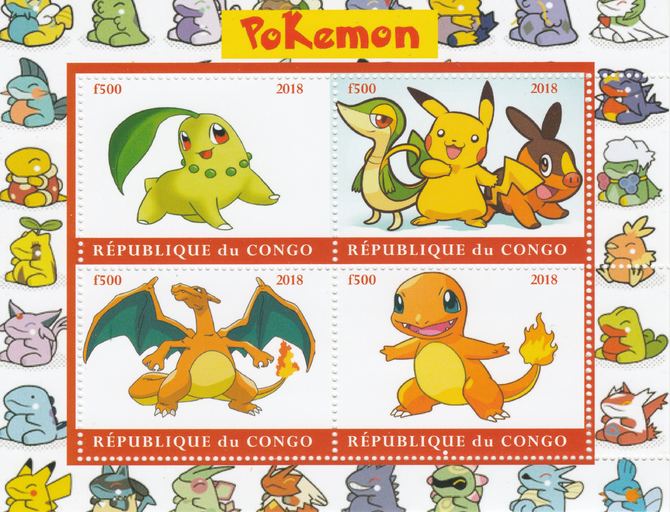 Congo 2018 Pokemon #1 perf sheetlet containing 4 values unmounted mint. Note this item is privately produced and is offered purely on its thematic appeal. , stamps on pokemon, stamps on films, stamps on movies, stamps on cinema
