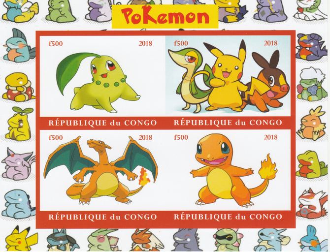 Congo 2018 Pokemon #1 imperf sheetlet containing 4 values unmounted mint. Note this item is privately produced and is offered purely on its thematic appeal., stamps on pokemon, stamps on films, stamps on movies, stamps on cinema