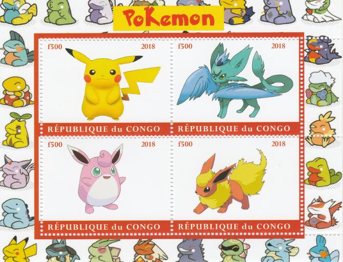Congo 2018 Pokemon #2 perf sheetlet containing 4 values unmounted mint. Note this item is privately produced and is offered purely on its thematic appeal., stamps on pokemon, stamps on films, stamps on movies, stamps on cinema