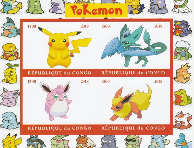 Congo 2018 Pokemon #2 imperf sheetlet containing 4 values unmounted mint. Note this item is privately produced and is offered purely on its thematic appeal., stamps on pokemon, stamps on films, stamps on movies, stamps on cinema