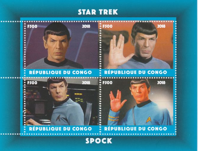 Congo 2018 Star Trek - Spok perf sheetlet containing 4 values unmounted mint. Note this item is privately produced and is offered purely on its thematic appeal., stamps on star trek, stamps on films, stamps on cunema, stamps on  tv , stamps on sci-fi, stamps on space