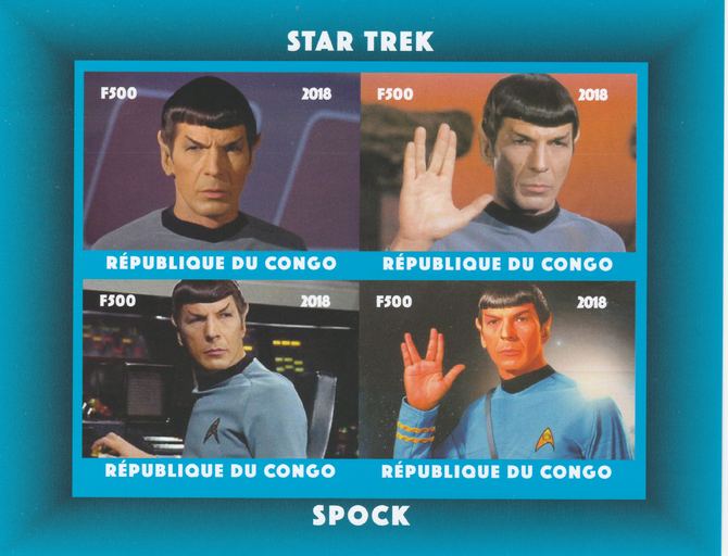 Congo 2018 Star Trek - Spok imperf sheetlet containing 4 values unmounted mint. Note this item is privately produced and is offered purely on its thematic appeal., stamps on star trek, stamps on films, stamps on cunema, stamps on  tv , stamps on sci-fi, stamps on space