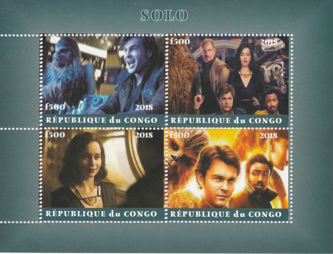 Congo 2018 Star Wars - Solo perf sheetlet containing 4 values unmounted mint. Note this item is privately produced and is offered purely on its thematic appeal., stamps on star trek, stamps on films, stamps on cunema, stamps on  tv , stamps on sci-fi, stamps on space