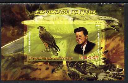 Congo 2009 John Kennedy & Marsh Harrier imperf m/sheet unmounted mint, stamps on personalities, stamps on kennedy, stamps on birds, stamps on birds of prey, stamps on usa presidents, stamps on americana