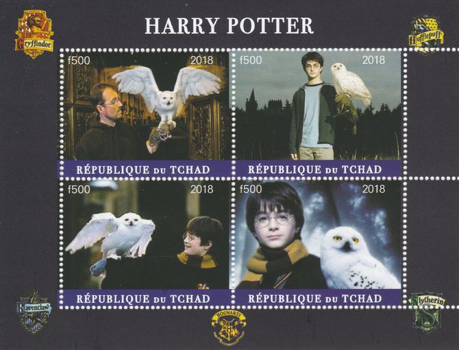 Chad 2018 Harry Potter #1 perf sheetlet containing 4 values unmounted mint. Note this item is privately produced and is offered purely on its thematic appeal, it has no postal validity, stamps on films, stamps on cunema, stamps on  tv , stamps on movies, stamps on harry potter, stamps on owls