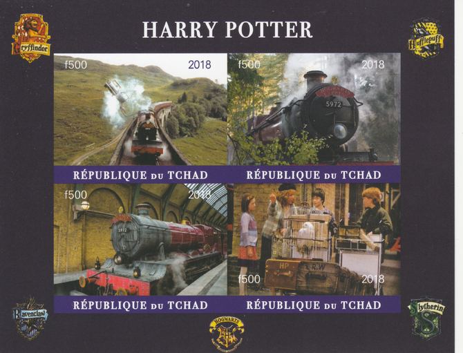 Chad 2018 Harry Potter #2 imperf sheetlet containing 4 values unmounted mint. Note this item is privately produced and is offered purely on its thematic appeal, it has no postal validity, stamps on films, stamps on cunema, stamps on  tv , stamps on movies, stamps on harry potter, stamps on railways