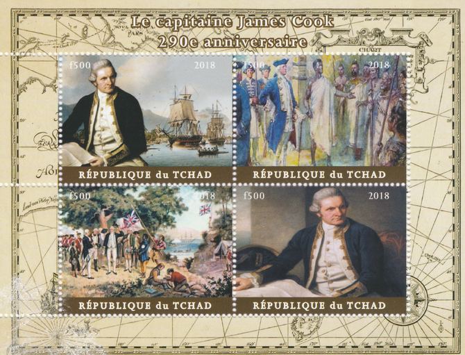 Chad 2018 290th Birth Anniversary of James Cook perf sheetlet containing 4 values unmounted mint. Note this item is privately produced and is offered purely on its thematic appeal, it has no postal validity, stamps on personalities, stamps on explorers.ships, stamps on cook, stamps on 