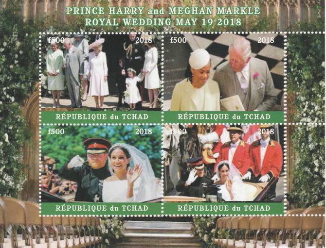 Chad 2018 Royal Wedding #3 Harry & Meghan perf sheetlet containing 4 values unmounted mint. Note this item is privately produced and is offered purely on its thematic appeal, it has no postal validity, stamps on royalty, stamps on harry, stamps on meghan