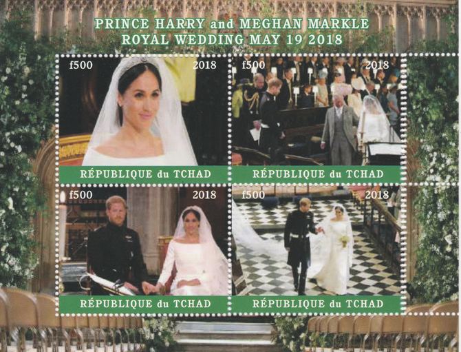 Chad 2018 Royal Wedding #4 Harry & Meghan perf sheetlet containing 4 values unmounted mint. Note this item is privately produced and is offered purely on its thematic appeal, it has no postal validity, stamps on royalty, stamps on harry, stamps on meghan