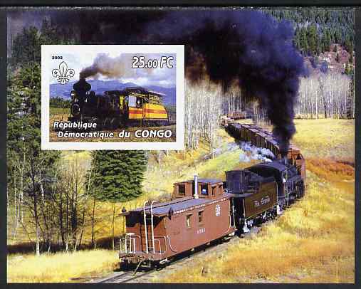 Congo 2002 Steam Locomotives imperf m/sheet with Scout Logo, unmounted mint, stamps on railways, stamps on scouts