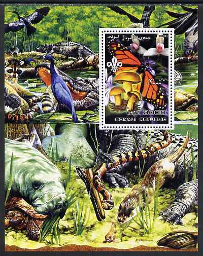 Somalia 2002 Butterflies, Orchids & Fungi #1 perf m/sheet with Scout Logo & various animals in background, unmounted mint, stamps on butterflies, stamps on orchids, stamps on fungi, stamps on scouts, stamps on crocodiles, stamps on reptiles, stamps on snakes, stamps on turtles