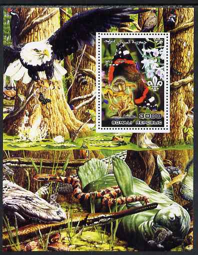 Somalia 2002 Butterflies, Orchids & Fungi #2 perf m/sheet with Scout Logo & various animals in background, unmounted mint. Note this item is privately produced and is offered purely on its thematic appeal, stamps on butterflies, stamps on orchids, stamps on fungi, stamps on scouts, stamps on crocodiles, stamps on reptiles, stamps on snakes, stamps on turtles, stamps on eagles, stamps on birds of prey
