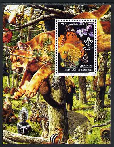 Somalia 2002 Butterflies, Orchids & Fungi #3 perf m/sheet with Scout Logo & various animals in background, unmounted mint. Note this item is privately produced and is offered purely on its thematic appeal, stamps on butterflies, stamps on orchids, stamps on fungi, stamps on scouts, stamps on crocodiles, stamps on cats, stamps on 