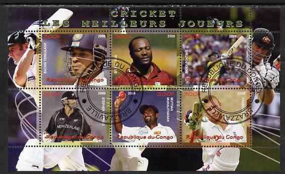 Congo 2009 Cricket Stars perf sheetlet containing 6 values fine cto used, stamps on , stamps on  stamps on personalities, stamps on  stamps on sport, stamps on  stamps on cricket