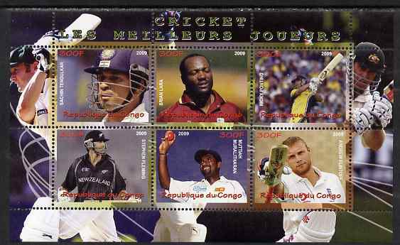 Congo 2009 Cricket Stars perf sheetlet containing 6 values unmounted mint, stamps on personalities, stamps on sport, stamps on cricket