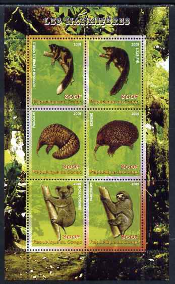 Congo 2009 Mammals perf sheetlet containing 6 values unmounted mint, stamps on animals, stamps on mammals, stamps on bears, stamps on koalas, stamps on 