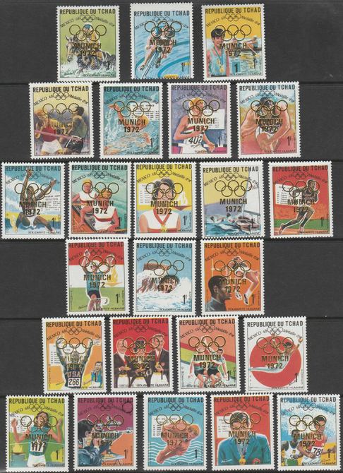 Chad 1972 Munich Olympic Gold Medal Winners overprinted on 1969 Mexico Olympics set of 24 complete unmounted mint Sc 244 A-X Note fine perforation shift on the cycling va..., stamps on olympics, stamps on sport