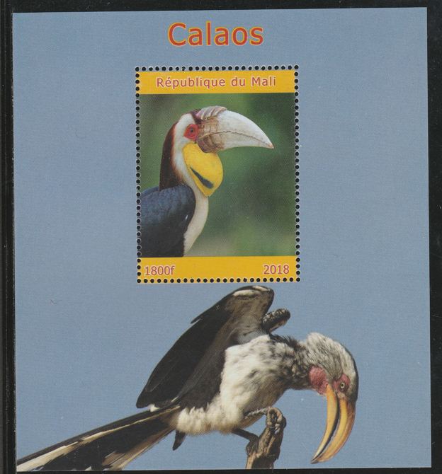 Mali 2018 Hornbills perf souvenir sheet unmounted mint. Note this item is privately produced and is offered purely on its thematic appeal. , stamps on birds, stamps on hornbills