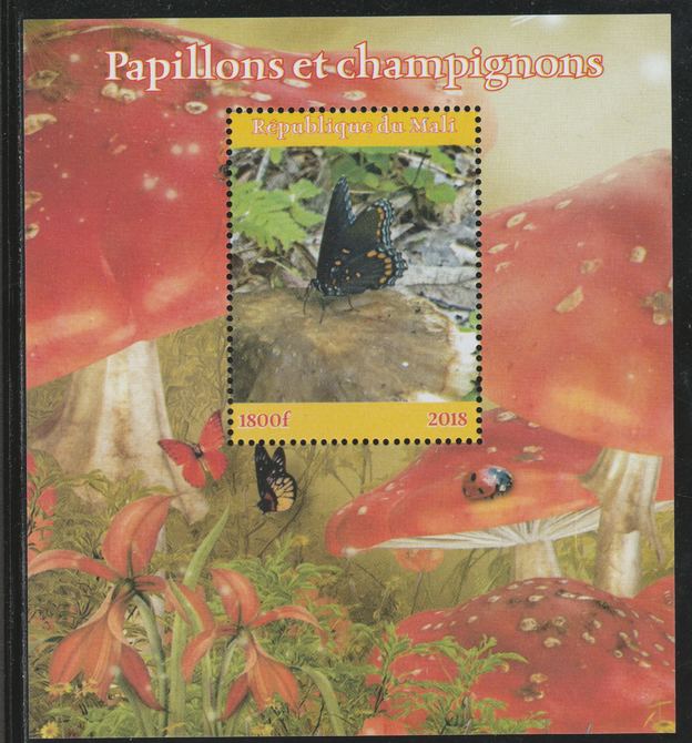 Mali 2018 Butterflies & Fungi perf souvenir sheet unmounted mint. Note this item is privately produced and is offered purely on its thematic appeal. , stamps on butterflies, stamps on fungi, stamps on 