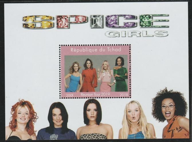 Chad 2018 Spice Girls Reunion perf souvenir sheet unmounted mint. Note this item is privately produced and is offered purely on its thematic appeal. , stamps on music, stamps on pops, stamps on rock, stamps on women