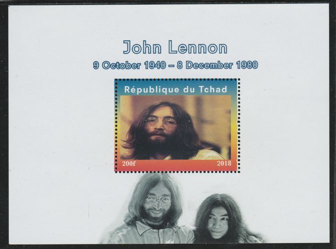 Chad 2018 John Lennon perf souvenir sheet unmounted mint. Note this item is privately produced and is offered purely on its thematic appeal. , stamps on , stamps on  stamps on music, stamps on  stamps on pops, stamps on  stamps on rock, stamps on  stamps on lennon