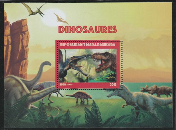 Madagascar 2018 Dinosaurs perf souvenir sheet unmounted mint. Note this item is privately produced and is offered purely on its thematic appeal. , stamps on dinosaurs