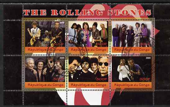 Congo 2009 The Rolling Stones perf sheetlet containing 6 values fine cto used, stamps on personalities, stamps on music, stamps on pops, stamps on rock, stamps on stones