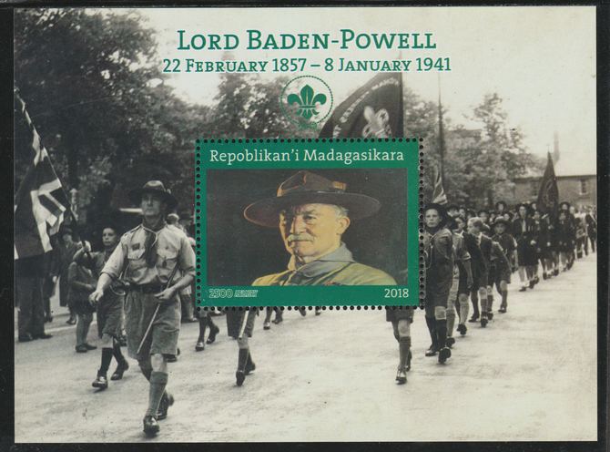 Madagascar 2018 Lord Baden Powell perf souvenir sheet unmounted mint. Note this item is privately produced and is offered purely on its thematic appeal. , stamps on personalities.scouts, stamps on powell