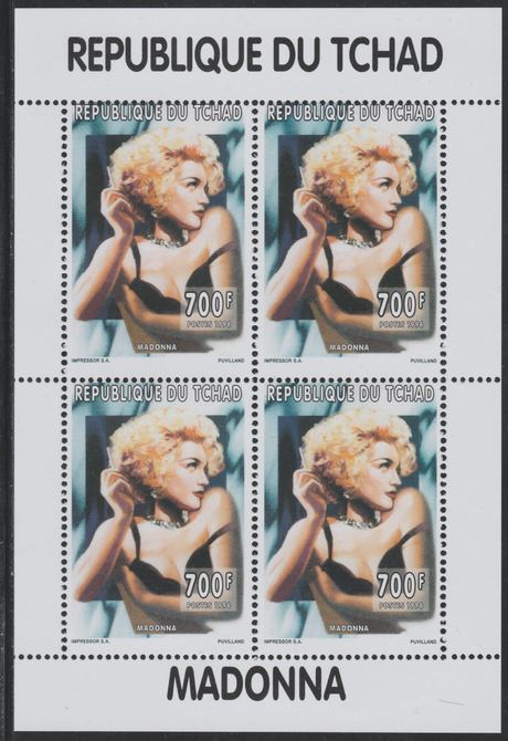 Chad 1996 Madonna perf sheetlet containing 4 values unmounted mint, stamps on , stamps on  stamps on personalities, stamps on  stamps on music, stamps on  stamps on rock, stamps on  stamps on pops, stamps on  stamps on 