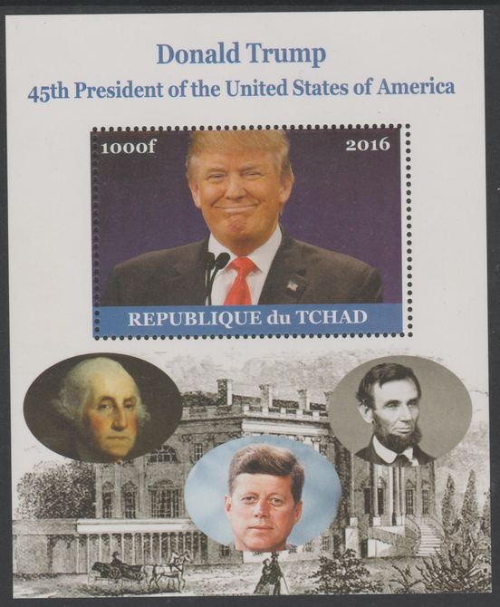Chad 2016 Donald Trump perf s/sheet containing 1 value unmounted mint. Note this item is privately produced and is offered purely on its thematic appeal. . , stamps on personalities, stamps on trump, stamps on usa presidents, stamps on americana