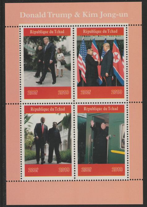 Chad 2019 Donald Trump Meets Kim Jong-un perf sheetlet containing 4 values unmounted mint. Note this item is privately produced and is offered purely on its thematic appeal, it has no postal validity, stamps on trump.usa presidents, stamps on constitutions