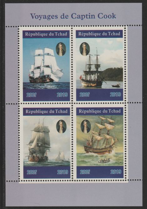 Chad 2019 Voyages of Captain Cook perf sheetlet containing 4 values unmounted mint. Note this item is privately produced and is offered purely on its thematic appeal, it has no postal validity, stamps on explorers, stamps on cook, stamps on ships