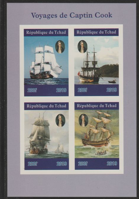 Chad 2019 Voyages of Captain Cook imperf sheetlet containing 4 values unmounted mint. Note this item is privately produced and is offered purely on its thematic appeal, it has no postal validity, stamps on explorers, stamps on cook, stamps on ships